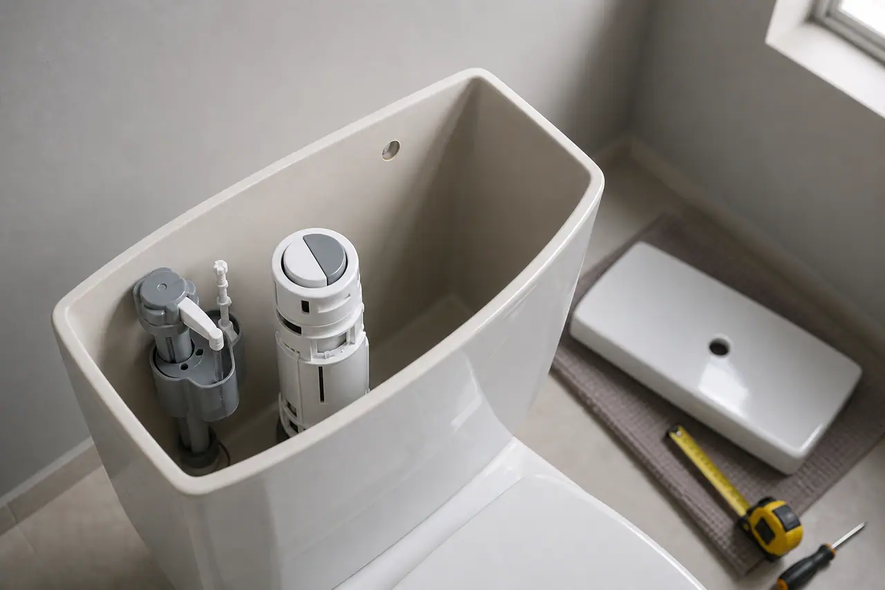 Mécanisme de chasse d'eau double commande neuf posé dans un réservoir de WC ouvert