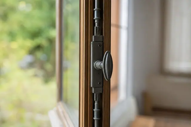 Crémone de fenêtre en bois avec tringles démontée sur la tranche du vantail