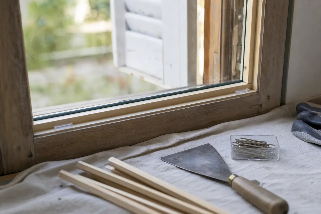 Vitre neuve posée sur cales dans la feuillure d'une fenêtre en bois avant repose des parcloses
