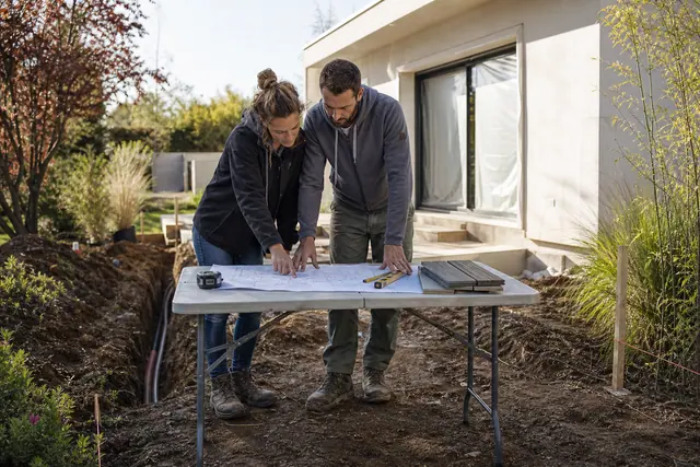 Couple planifiant rénovation et aménagement de jardin devant une maison
