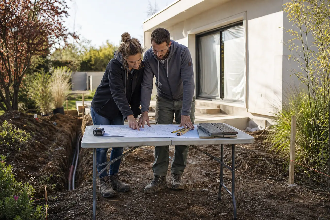 Couple planifiant rénovation et aménagement de jardin devant une maison