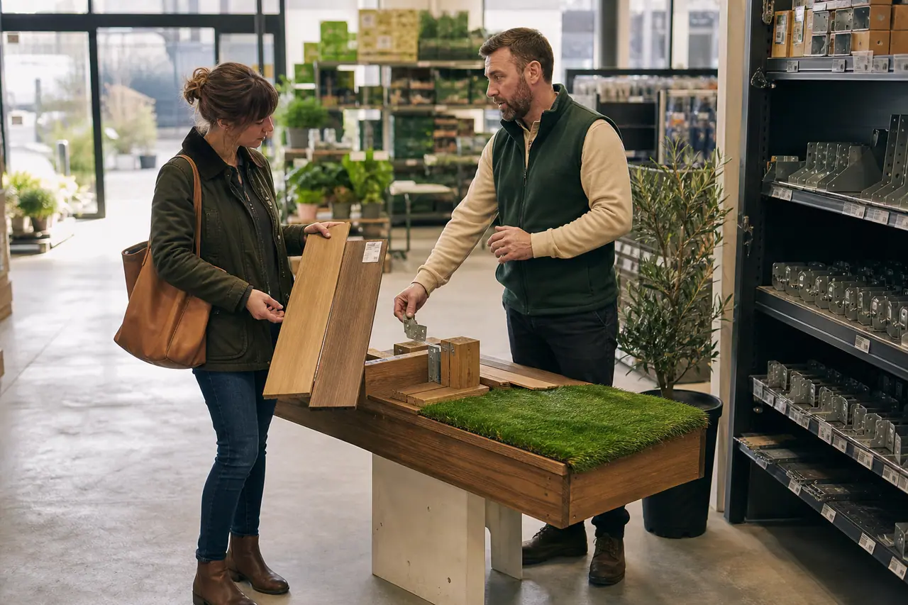 Cliente comparant du bois extérieur avec un conseiller dans un magasin local.
