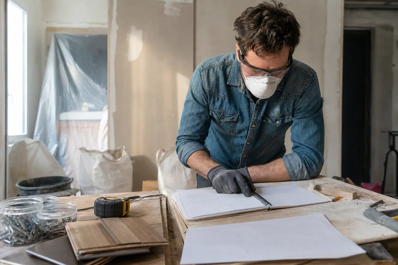 Particulier équipé évaluant son budget dans une pièce en rénovation.