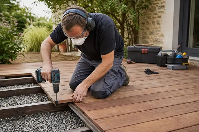 Artisan ajustant une lame sur une terrasse bois ventilée et drainée