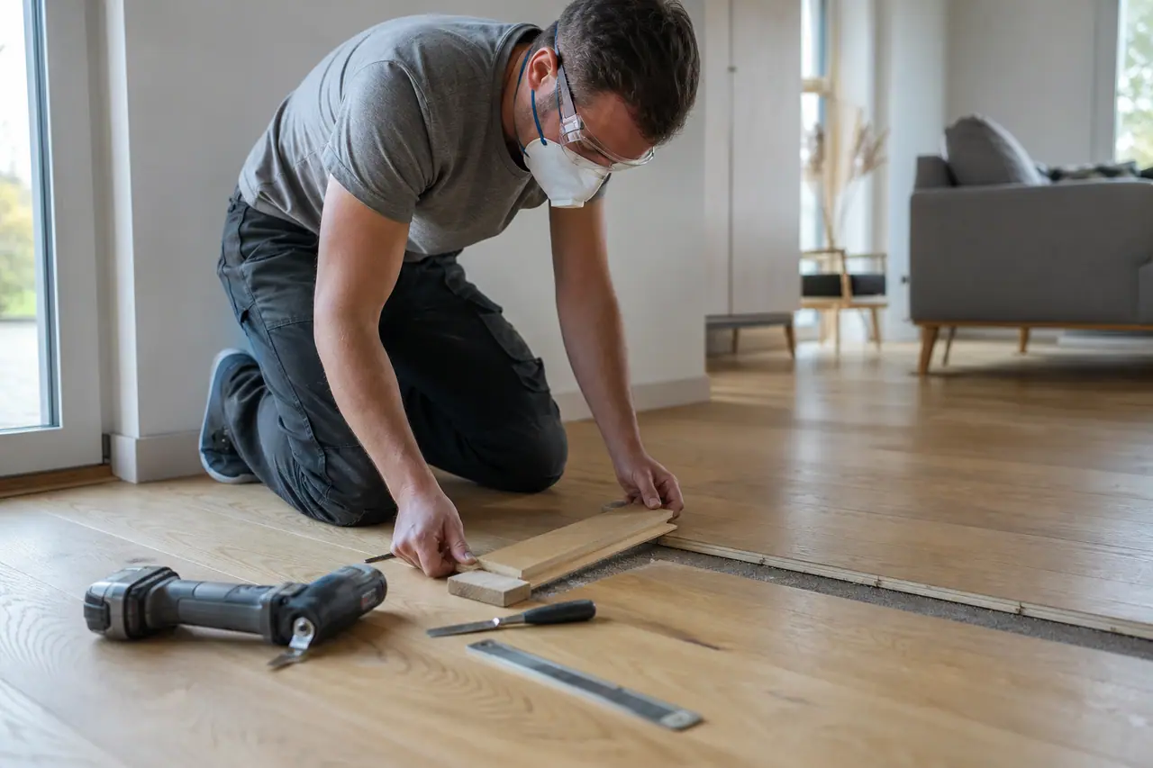 Personne réparant une lame endommagée sur un parquet massif en chêne