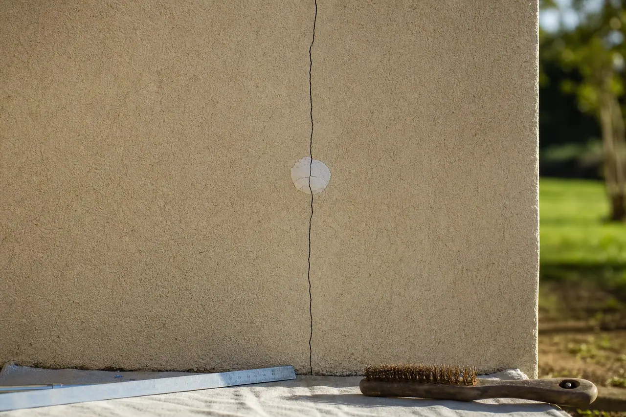 Fissure verticale sur un enduit de façade beige avec un témoin de plâtre daté posé à cheval