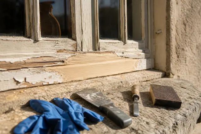 Pièce d'appui de fenêtre en bois ancienne en cours de réparation à la pâte époxy
