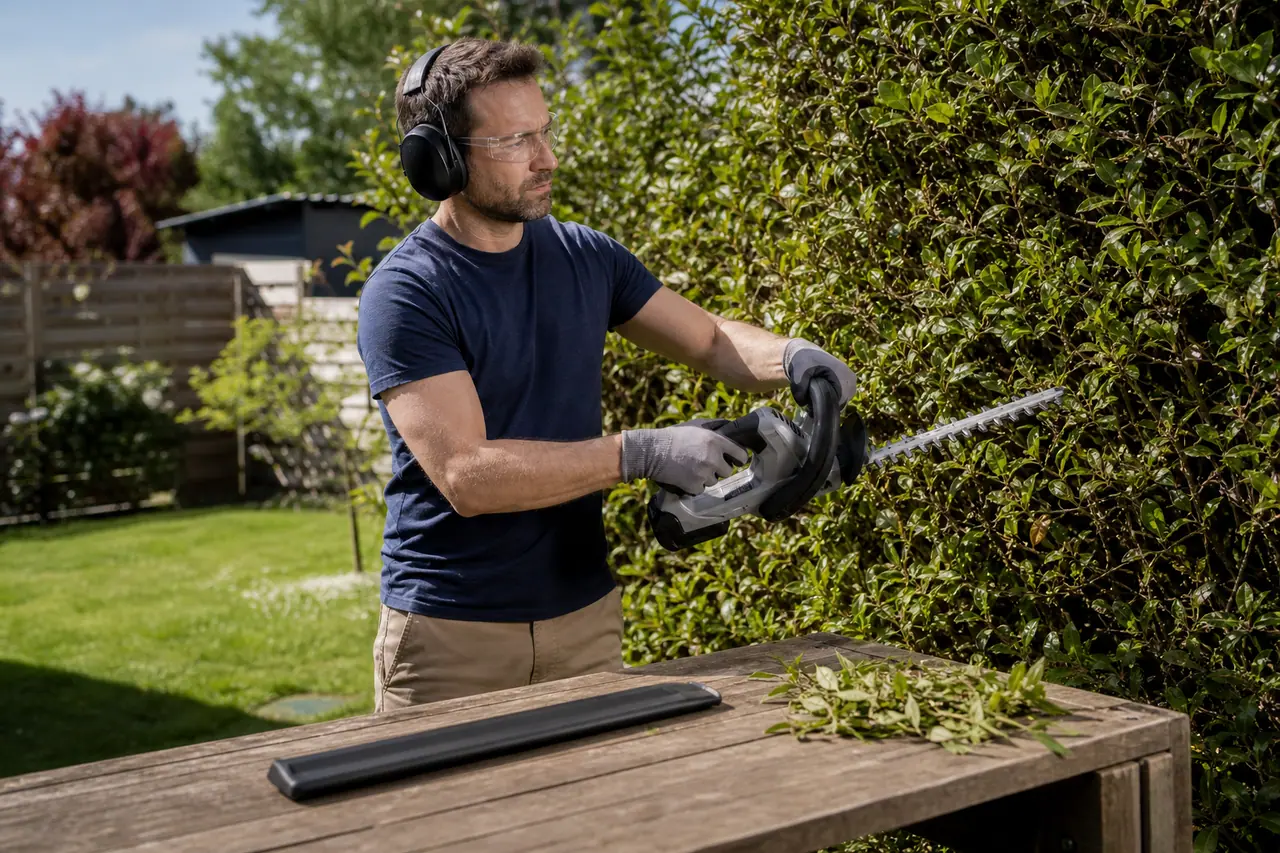 Jardinier équipé taillant une haie depuis le sol avec un taille-haie sans fil