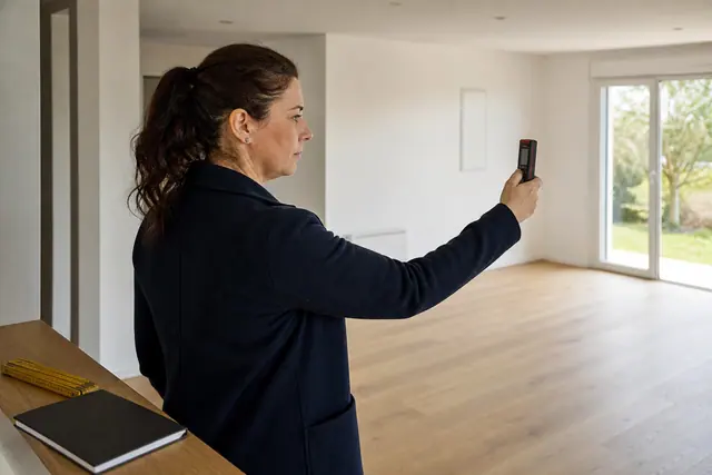 Diagnostiqueuse mesurant une pièce lumineuse avant la vente d’une maison