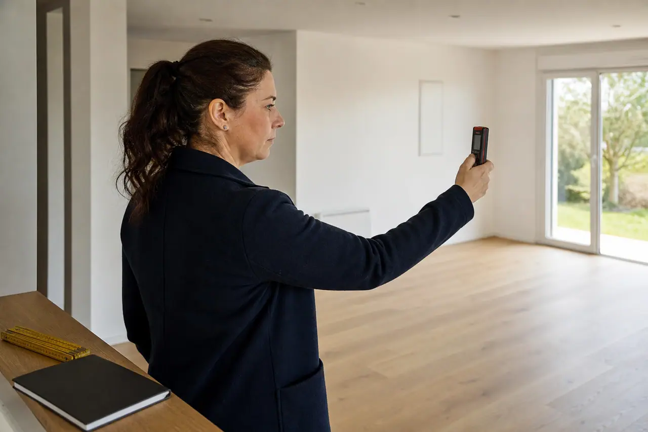 Diagnostiqueuse mesurant une pièce lumineuse avant la vente d’une maison