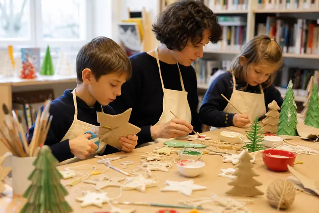 Enfants fabriquant des décorations de Noël en carton avec un adulte sur table protégée