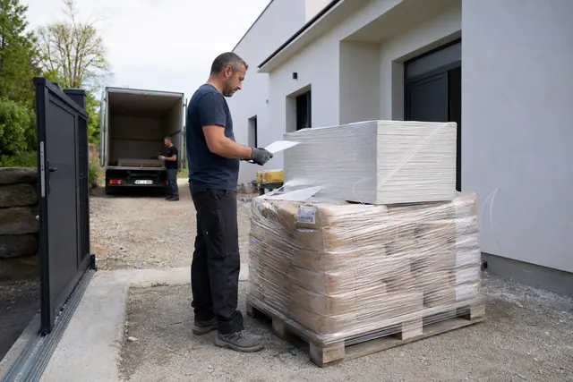 Réception contrôlée de matériaux de rénovation déposés devant une maison