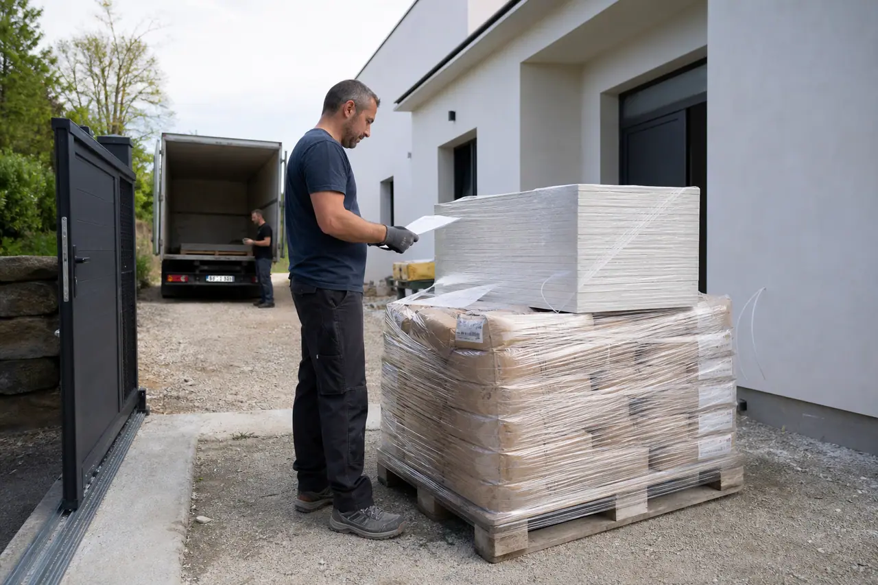 Réception contrôlée de matériaux de rénovation déposés devant une maison
