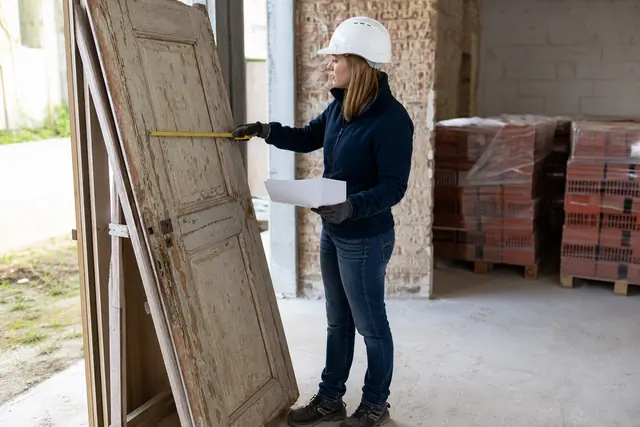 Conductrice de travaux contrôlant une porte déposée pour son réemploi sur chantier.
