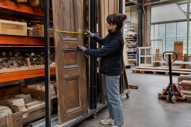 Particulière mesurant une porte récupérée dans une matériauthèque bien rangée.