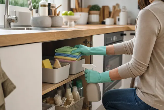 Personne organisant produits et chiffons dans un placard de cuisine lumineux