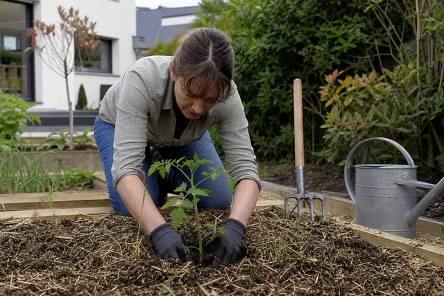 Jardinière plantant une tomate dans un carré potager paillé à Rombas.