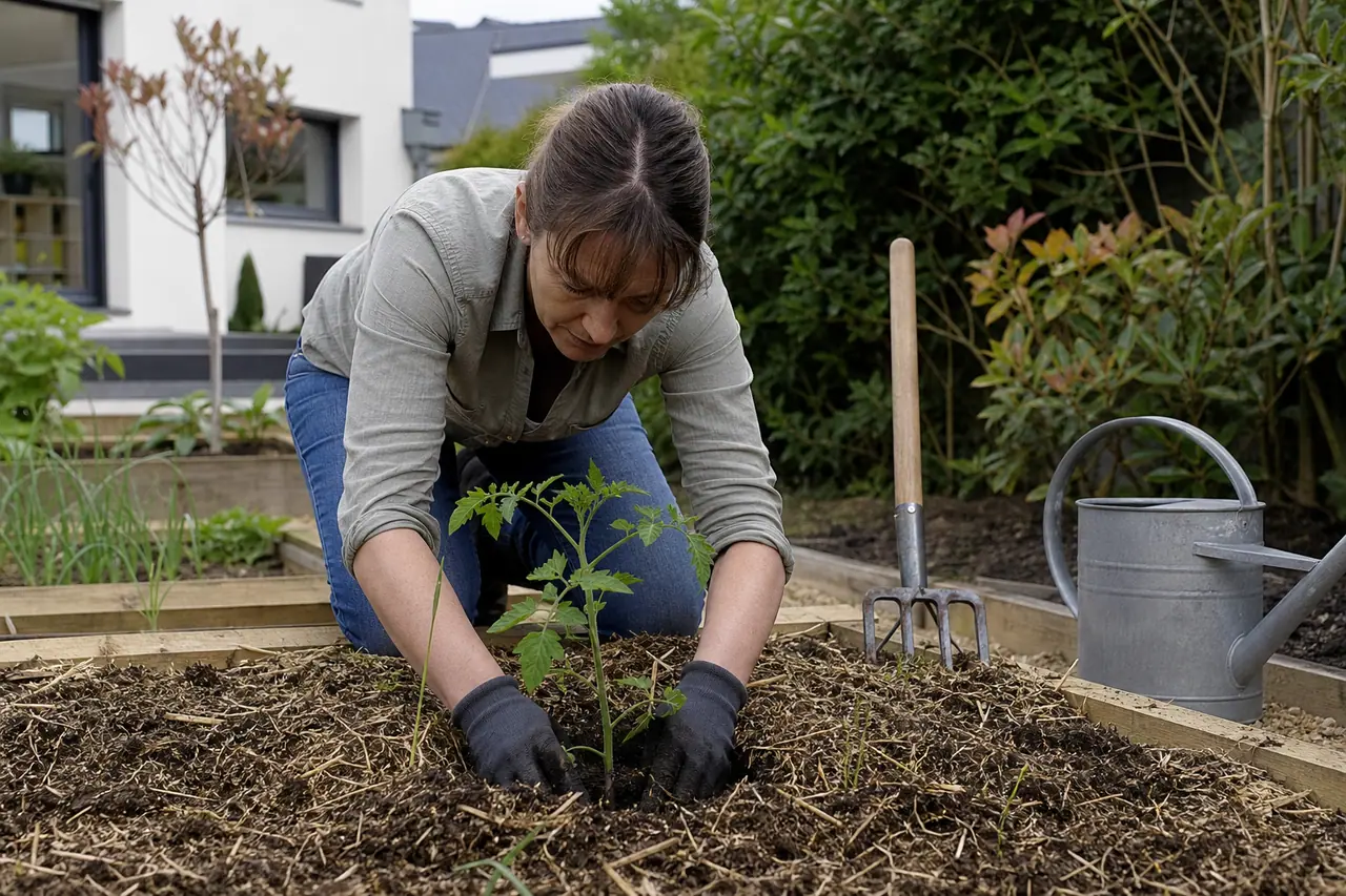 Jardinière plantant une tomate dans un carré potager paillé à Rombas.