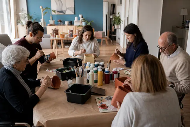 Groupe d’adultes personnalisant des cadres et cache-pots autour d’une table protégée.