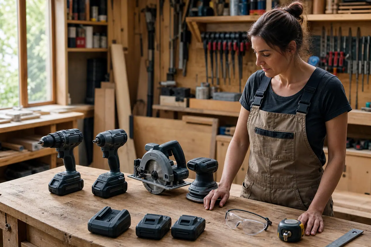 Quatre outils sans fil, batteries et chargeur alignés sur un établi d’atelier.