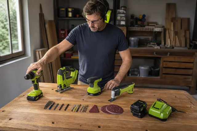 Quatre outils sans fil et batteries rangés sur un établi de bricolage.