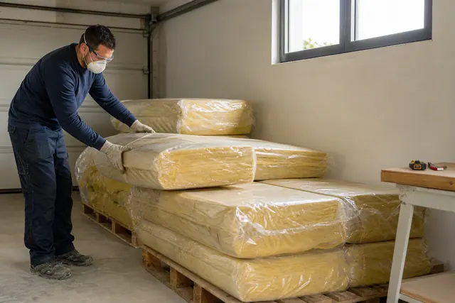 Paquets de laine de verre fermés rangés sur palettes dans un garage sec.