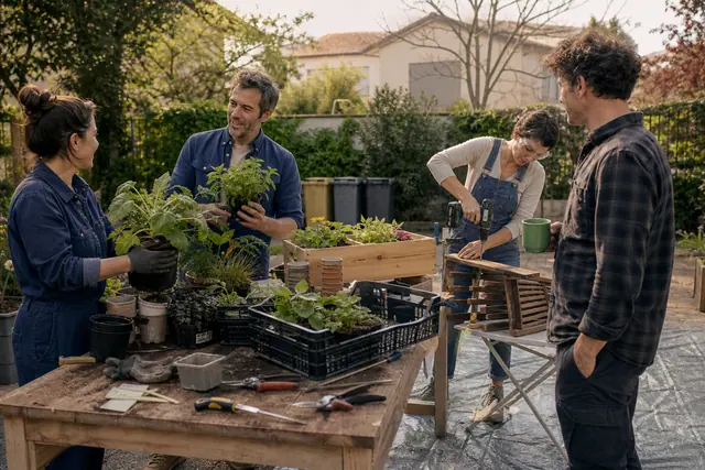 Voisins échangeant plantes et réparant du mobilier dans un jardin organisé.