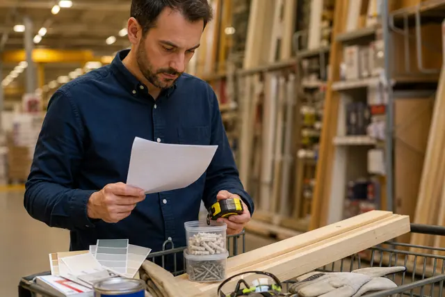 Client préparant une liste et choisissant outils et fixations dans un magasin de bricolage.