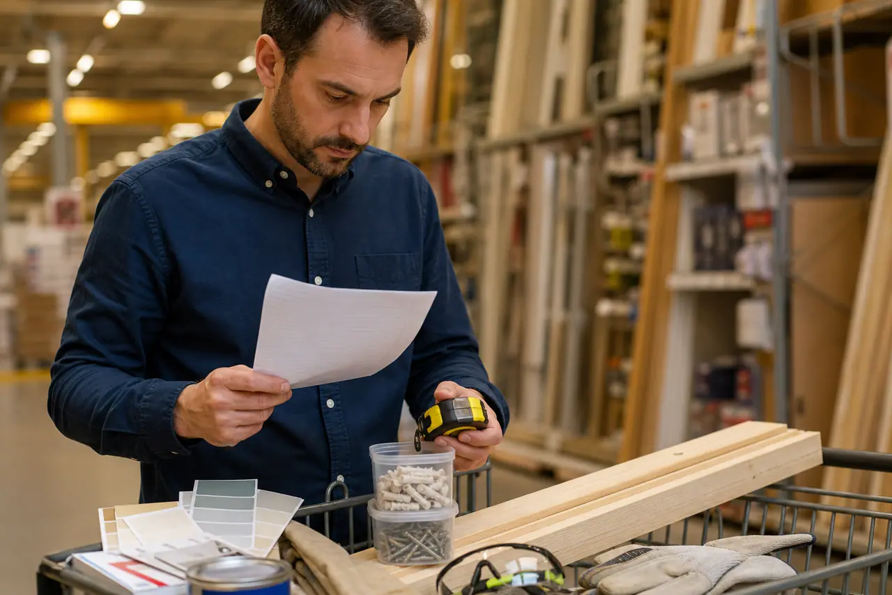 Client préparant une liste et choisissant outils et fixations dans un magasin de bricolage.