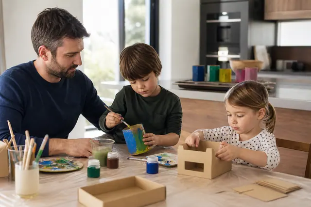 Parent et enfants fabriquant des rangements en carton autour d’une table protégée.