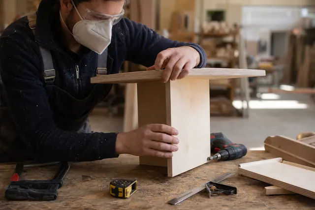 Personne assemblant une petite table en bois récupéré dans un atelier partagé.