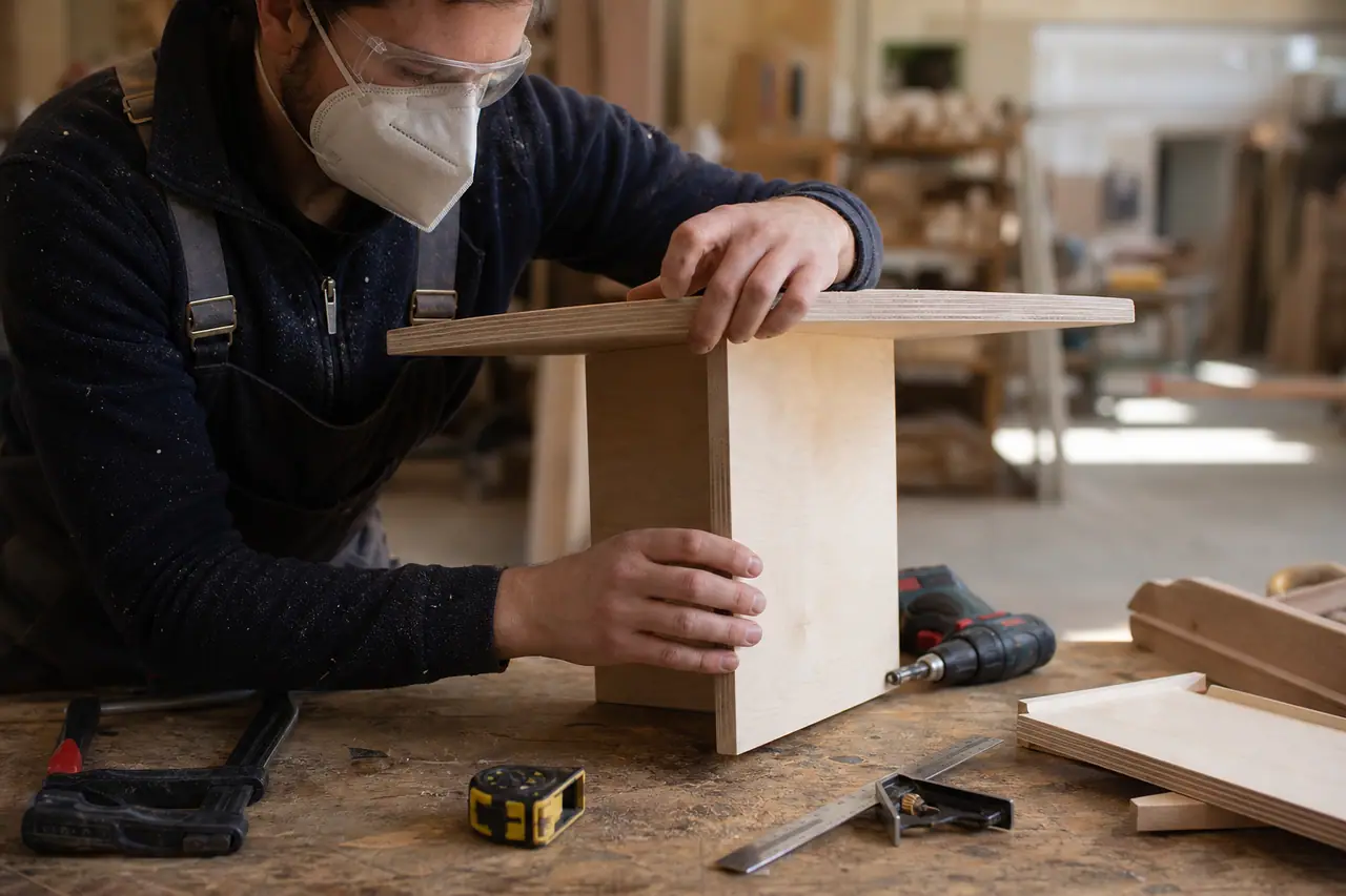 Personne assemblant une petite table en bois récupéré dans un atelier partagé.