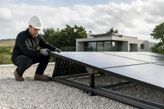 Installateur contrôlant des panneaux bifaciaux sur un carport au sol clair.