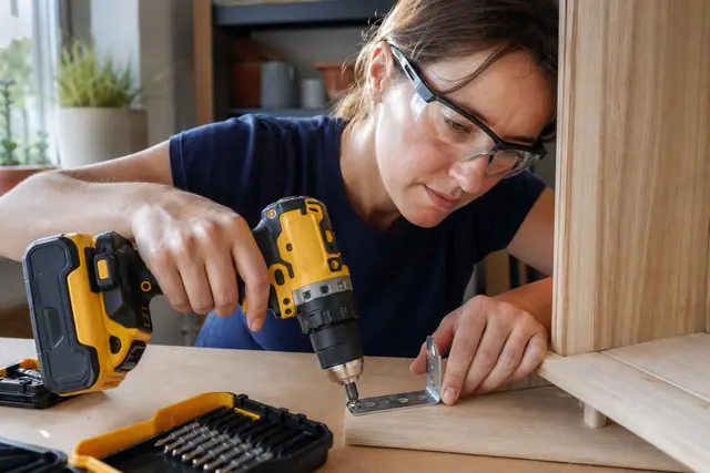 Bricoleuse utilisant une perceuse-visseuse sans fil sur un meuble en bois.