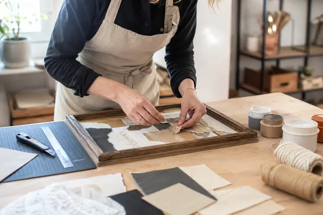 Atelier DIY avec cadre chiné, papiers décoratifs et fils de coton.