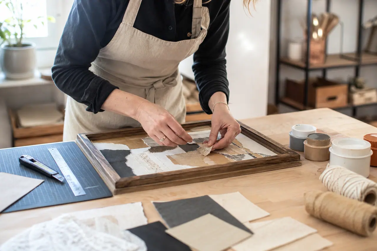 Atelier DIY avec cadre chiné, papiers décoratifs et fils de coton.
