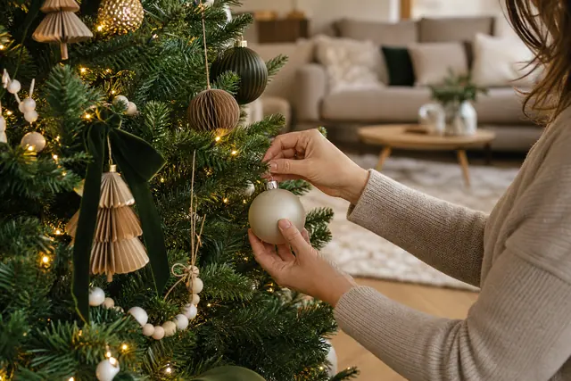 Sapin personnalisé aux boules vertes, écrues et dorées dans un salon chaleureux.