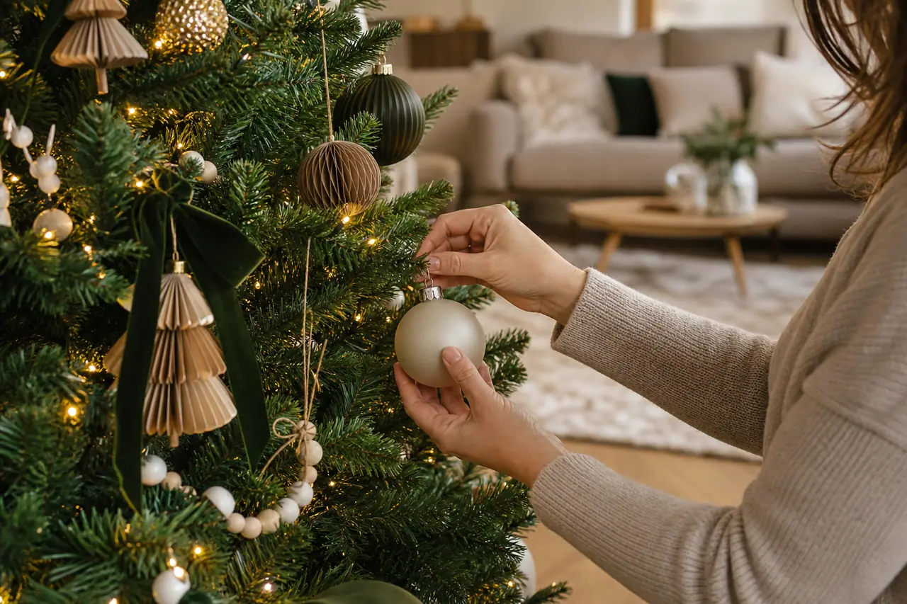 Sapin personnalisé aux boules vertes, écrues et dorées dans un salon chaleureux.