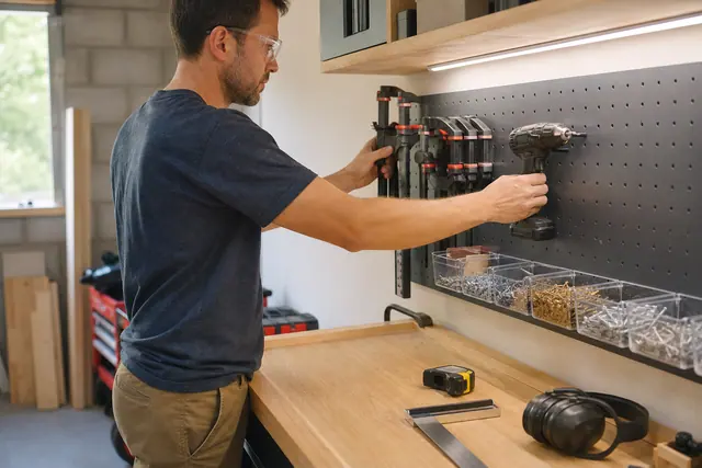Atelier lumineux avec établi en bois, outils rangés et protections visibles.