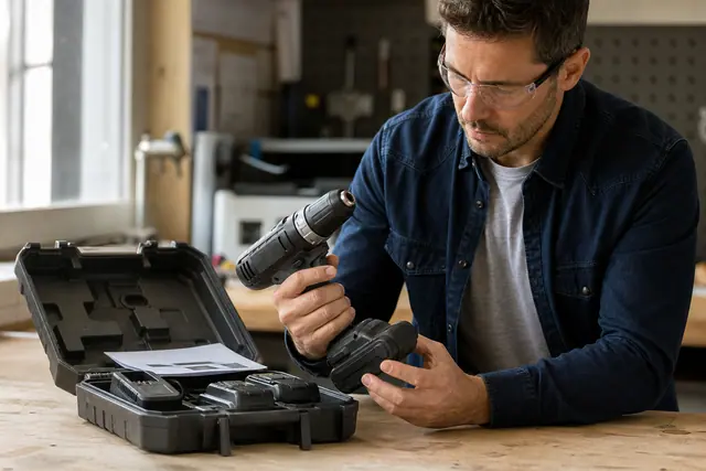 Bricoleur vérifiant une perceuse sans fil et ses accessoires sur établi.