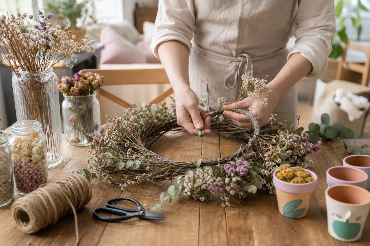 Personne assemblant une couronne printanière avec branches, fleurs séchées et bocaux récupérés.