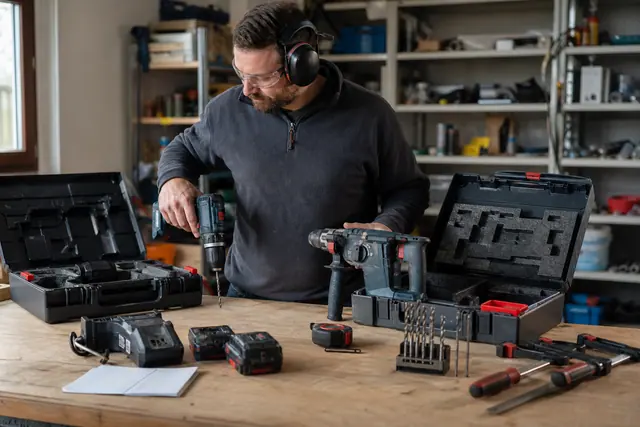 Bricoleur comparant des outils sans fil sur un établi d’atelier lumineux.