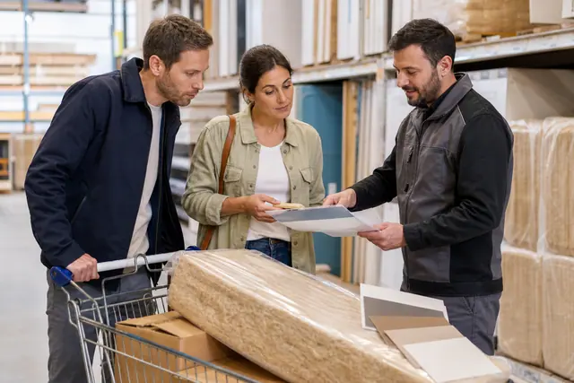Clients comparent des matériaux avec un conseiller dans un magasin de bricolage.