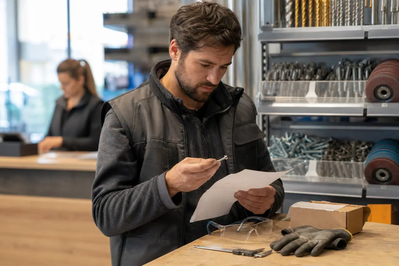 Client vérifiant une vis et ses dimensions devant un comptoir de bricolage.