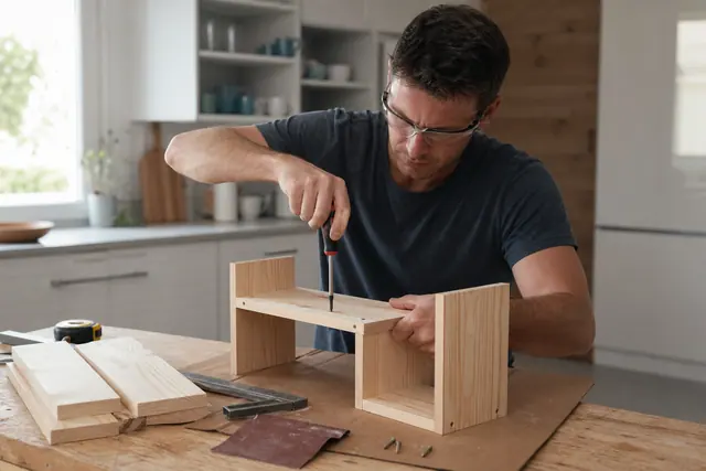 Débutante assemblant un petit rehausseur de rangement en bois sur établi.