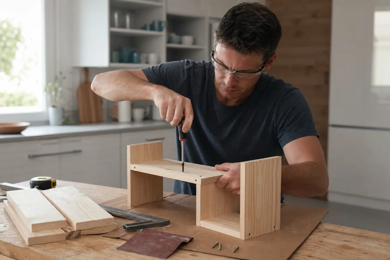 Débutante assemblant un petit rehausseur de rangement en bois sur établi.