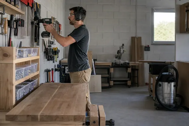 Atelier de garage rangé avec établi stable, outils muraux et éclairage LED.