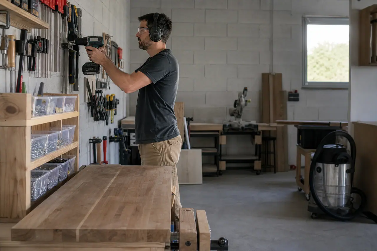 Atelier de garage rangé avec établi stable, outils muraux et éclairage LED.