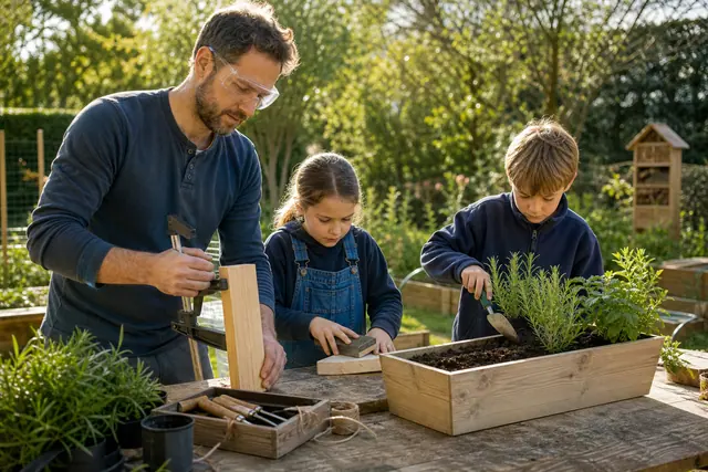 Des enfants assemblent une jardinière en bois avec un adulte dans un jardin.