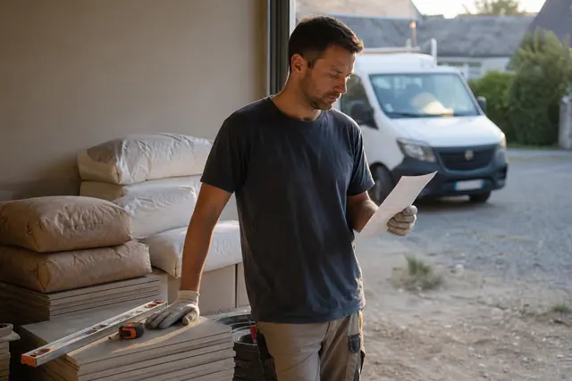 Particulier préparant une commande de matériaux dans un garage en rénovation
